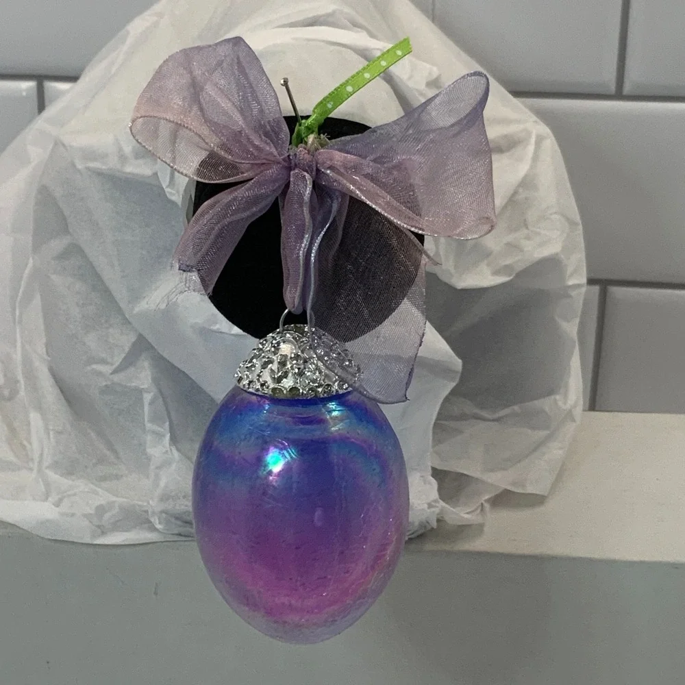 Iridescent Purple Glass Egg Ornament Decorative Cap Organza Bow Easter Holiday